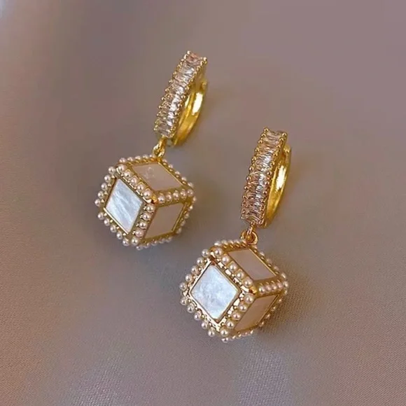 Three Dimensional Pearl Dice Dangle Drop Earrings - Picture 7 of 9